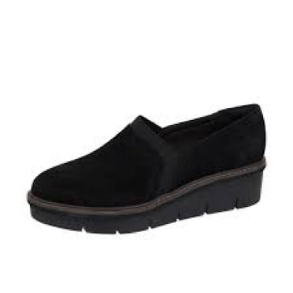 NEW CLARKS AIRABELL MID SLIP ON SUEDE LEATHER WEDGE SHOES BLACK 7.5M